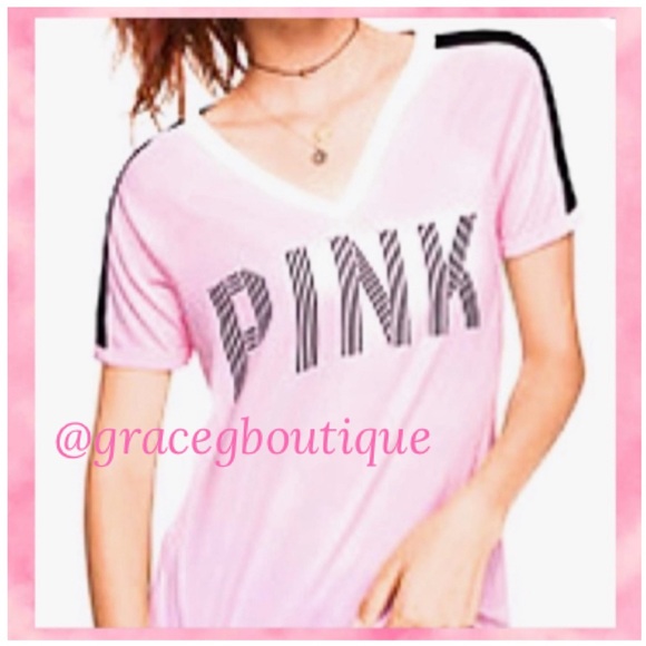 PINK Victoria’s Secret PINK T-SHIRT Varsity Style T-shirt Pink Black Stripe - Picture 12 of 12